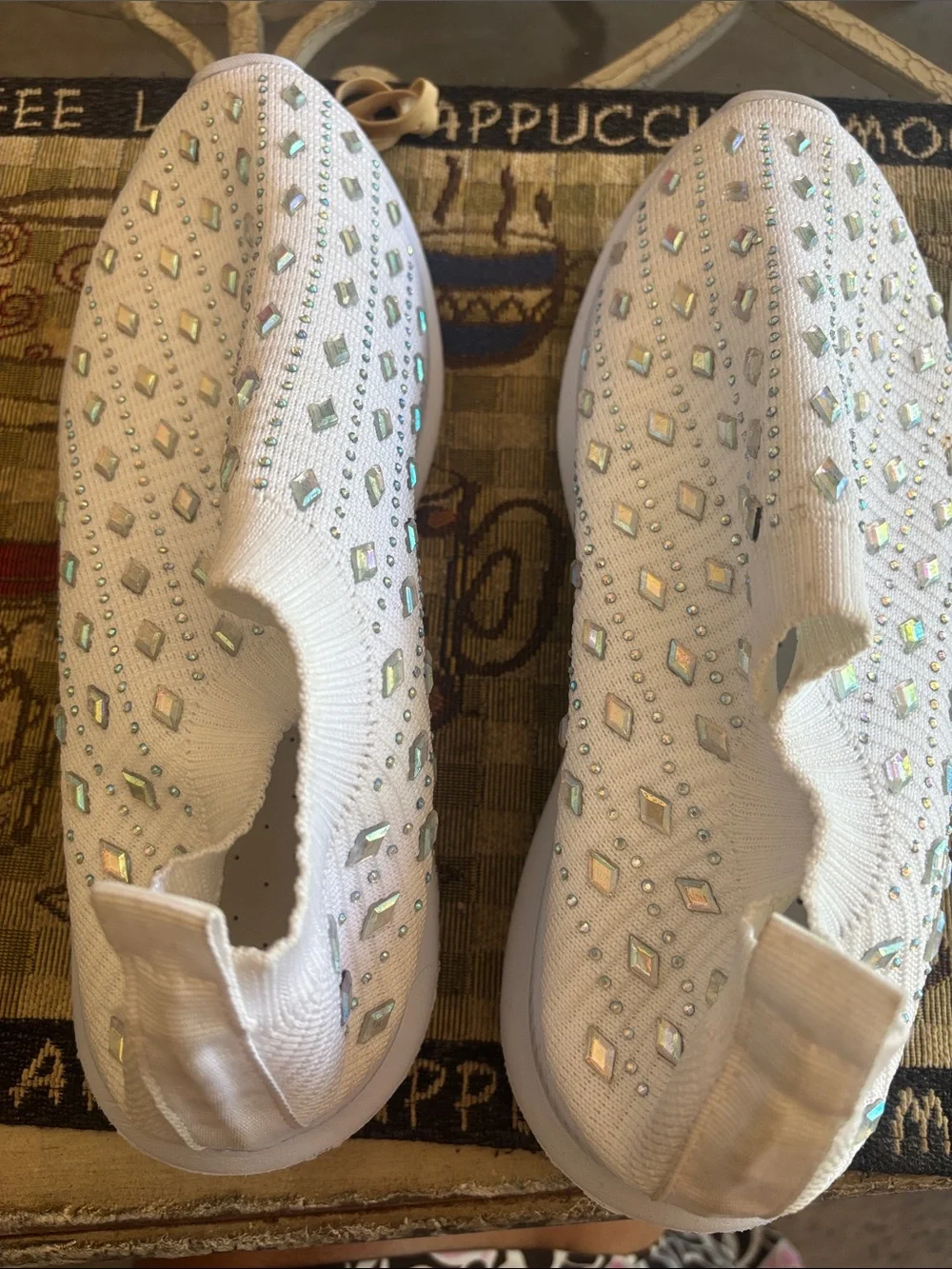 White Slip-On Knit Sneakers with Iridescent Studs